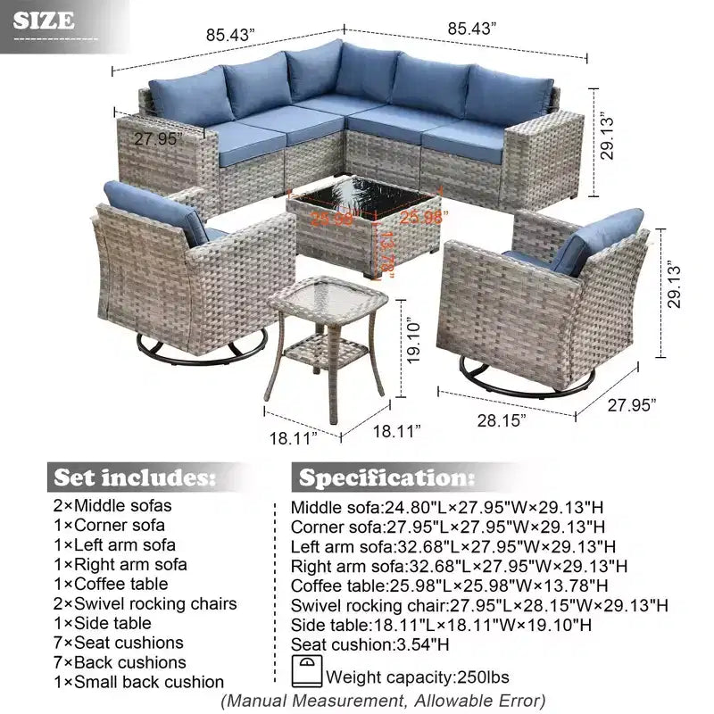 Marlton 9pc Wicker Outdoor Patio Furniture Set Conversation Sofa Sectional with Swivel Chairs and Cushions