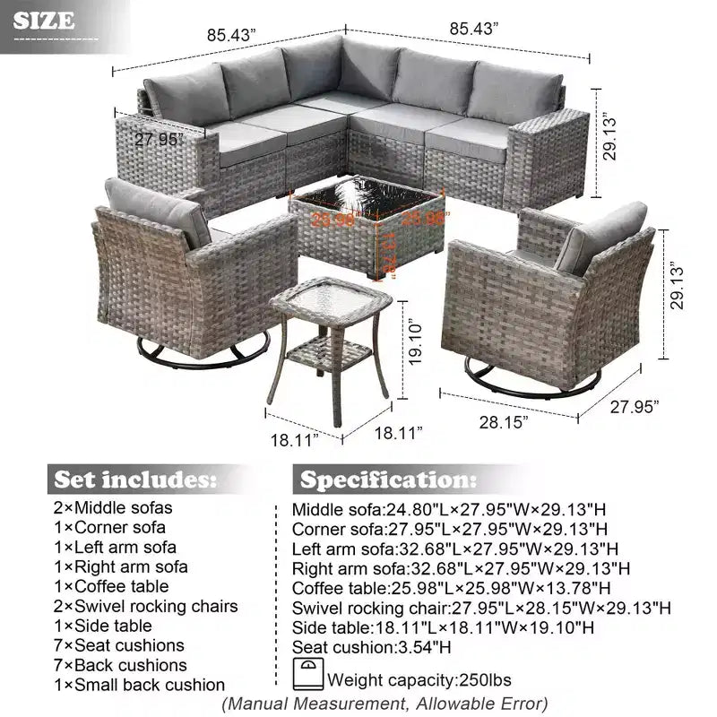Marlton 9pc Wicker Outdoor Patio Furniture Set Conversation Sofa Sectional with Swivel Chairs and Cushions