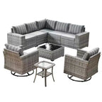 Marlton 9pc Wicker Outdoor Patio Furniture Set Conversation Sofa Sectional with Swivel Chairs and Cushions