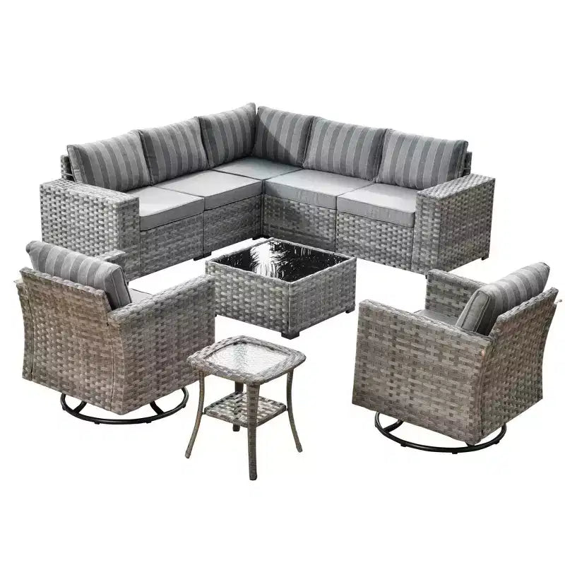 Marlton 9pc Wicker Outdoor Patio Furniture Set Conversation Sofa Sectional with Swivel Chairs and Cushions