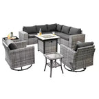 Marlton Ensemble de mobilier de jardin 10 pièces avec foyer en osier, canapé de conversation avec fauteuils pivotants et coussins