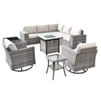 Marlton Ensemble de mobilier de jardin 10 pièces avec foyer en osier, canapé de conversation avec fauteuils pivotants et coussins