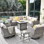Marlton 10pc Wicker Outdoor Fire Pit Patio Furniture Set Conversation Sofa with Swivel Chairs and Cushions