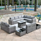 Ensemble de meubles de jardin en osier 13 pièces Marlton avec foyer rectangulaire et coussins