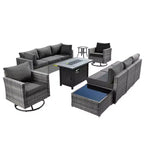 Ovios Venice 11pc Wicker Outdoor Patio Furniture Set Conversation Sofa with a Metal Fire Pit, Swivel Chairs and Cushions