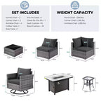 Ovios Venice 11pc Wicker Outdoor Patio Furniture Set Conversation Sofa with a Metal Fire Pit, Swivel Chairs and Cushions