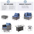 Ovios Venice 11pc Wicker Outdoor Patio Furniture Set Conversation Sofa with a Metal Fire Pit, Swivel Chairs and Cushions
