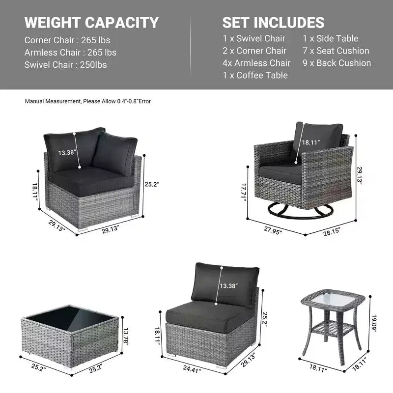 Ovios Venice 9pc Wicker Outdoor Patio Furniture Set Conversation Sofa Sectional with a Swivel Chair and Cushions