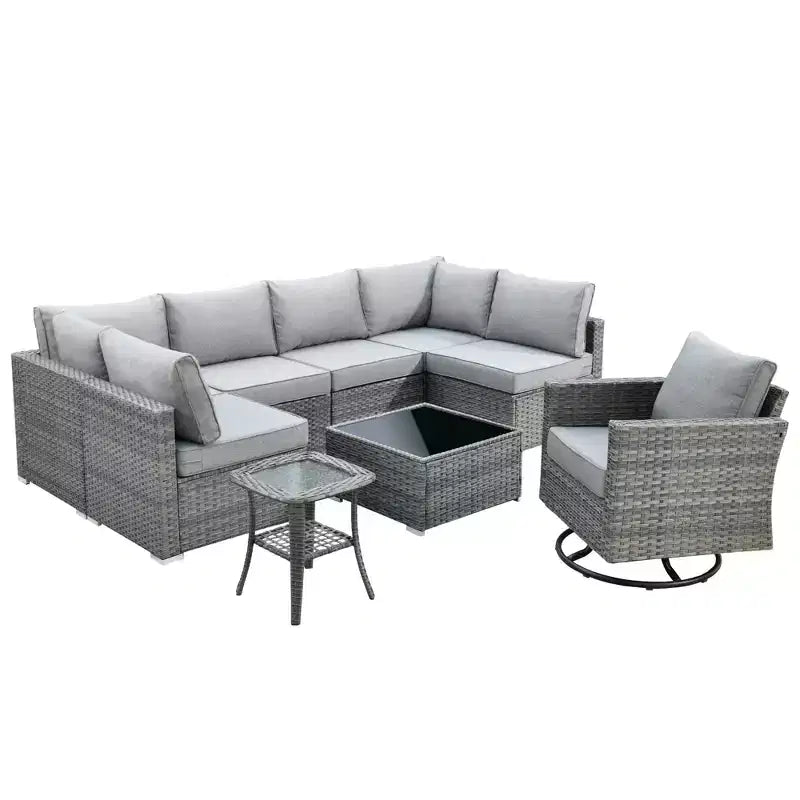 Ovios Venice 9pc Wicker Outdoor Patio Furniture Set Conversation Sofa Sectional with a Swivel Chair and Cushions