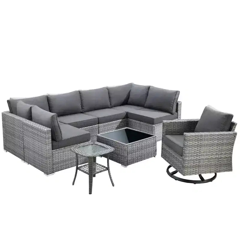 Ovios Venice 9pc Wicker Outdoor Patio Furniture Set Conversation Sofa Sectional with a Swivel Chair and Cushions