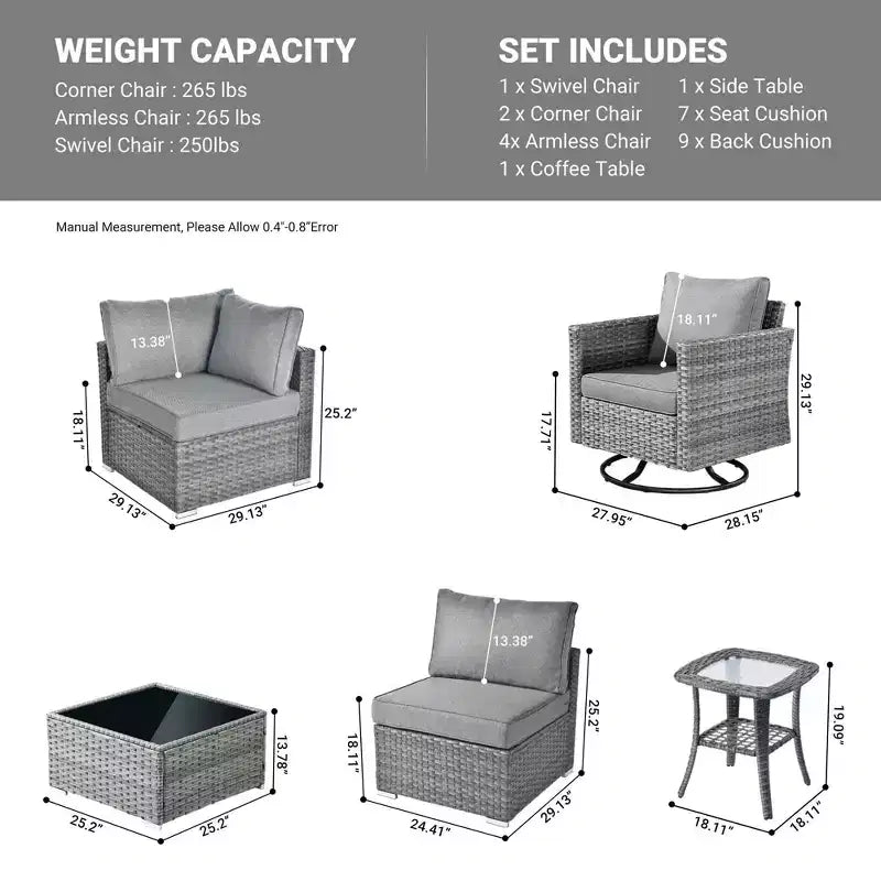 Ovios Venice 9pc Wicker Outdoor Patio Furniture Set Conversation Sofa Sectional with a Swivel Chair and Cushions