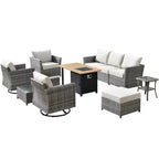 Ovios Tenaya 10pc Wicker Outdoor Patio Furniture Set Conversation Sofa with a Storage Fire Pit, Swivel Chairs and Cushions