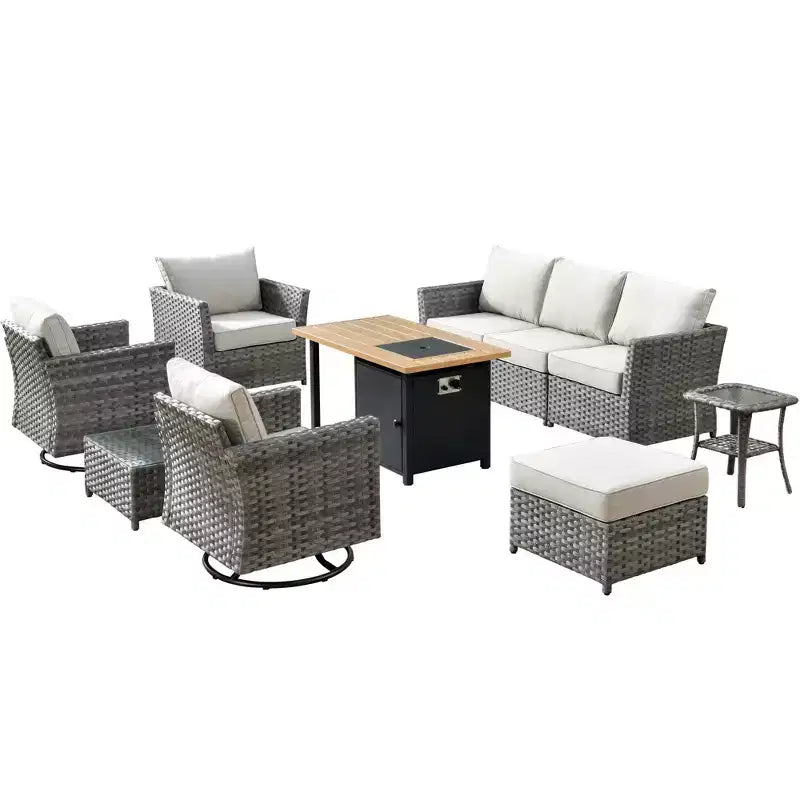Ovios Tenaya 10pc Wicker Outdoor Patio Furniture Set Conversation Sofa with a Storage Fire Pit, Swivel Chairs and Cushions