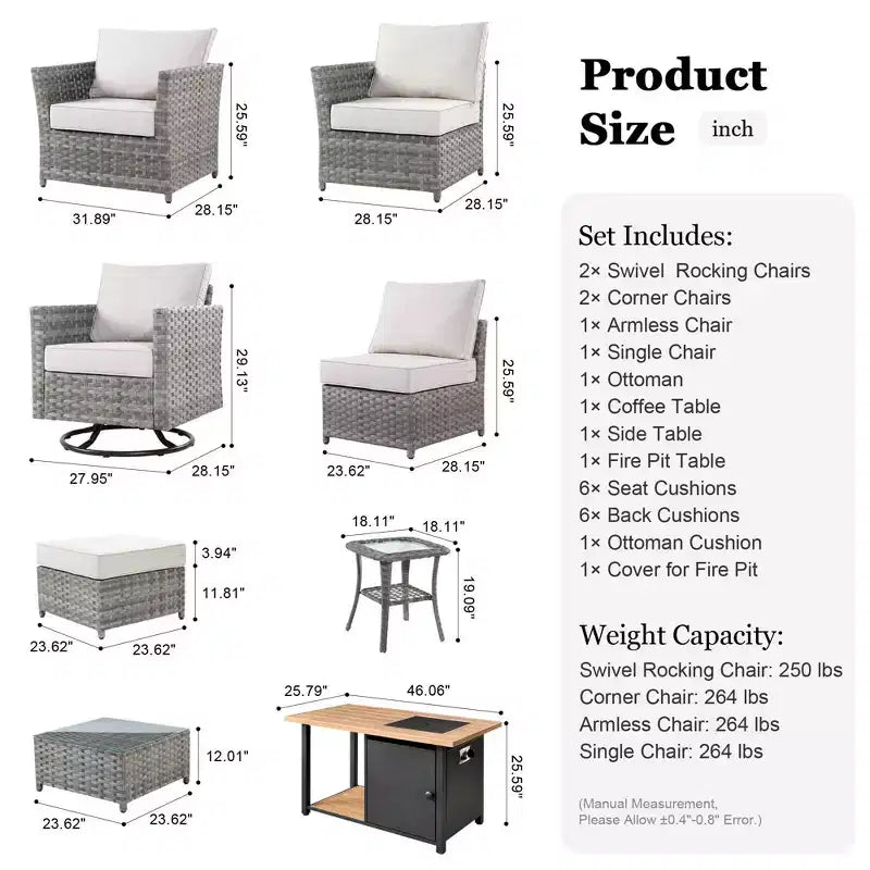 Ovios Tenaya 10pc Wicker Outdoor Patio Furniture Set Conversation Sofa with a Storage Fire Pit, Swivel Chairs and Cushions