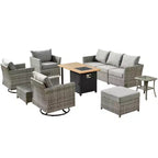 Ovios Tenaya 10pc Wicker Outdoor Patio Furniture Set Conversation Sofa with a Storage Fire Pit, Swivel Chairs and Cushions