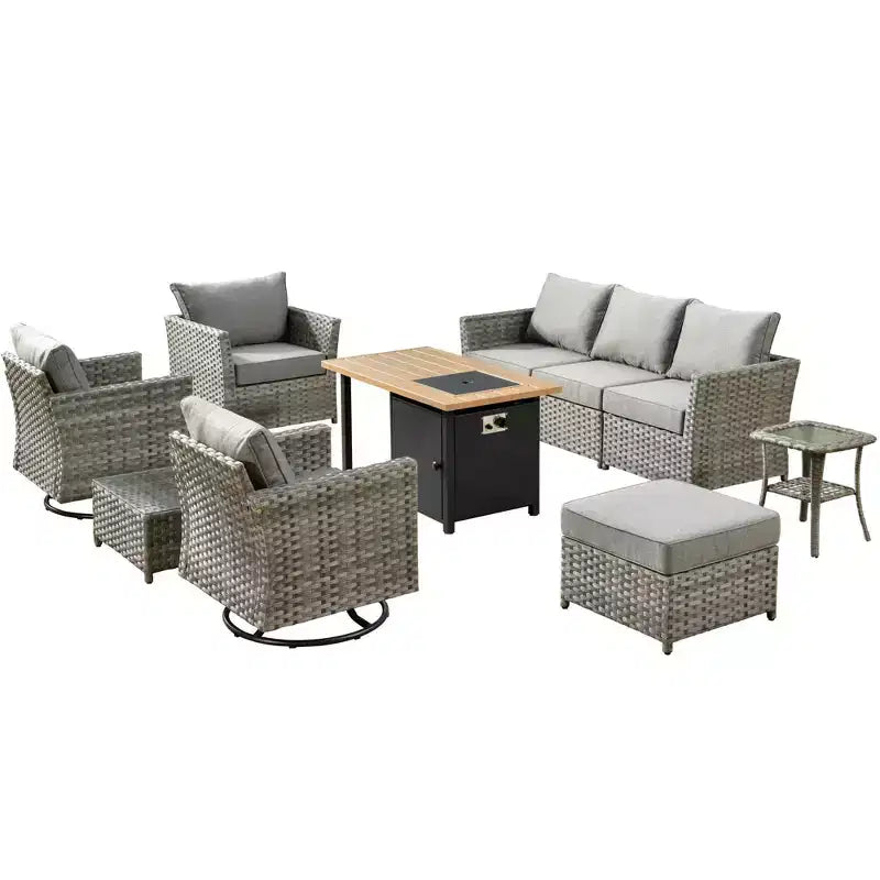 Ovios Tenaya 10pc Wicker Outdoor Patio Furniture Set Conversation Sofa with a Storage Fire Pit, Swivel Chairs and Cushions
