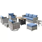 Ovios Tenaya 10pc Wicker Outdoor Patio Furniture Set Conversation Sofa with a Storage Fire Pit, Swivel Chairs and Cushions