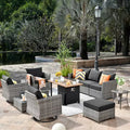 Ovios Tenaya 10pc Wicker Outdoor Patio Furniture Set Conversation Sofa with a Storage Fire Pit, Swivel Chairs and Cushions