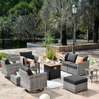 Ovios Tenaya 10pc Wicker Outdoor Patio Furniture Set Conversation Sofa with a Storage Fire Pit, Swivel Chairs and Cushions