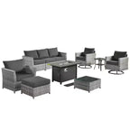 Tenaya 10pc Wicker Outdoor Patio Furniture Set Conversation Sofa with a Metal Fire Pit, Swivel Chairs and Cushions
