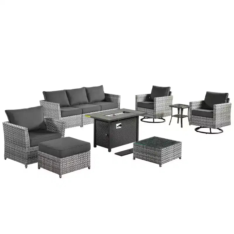 Tenaya 10pc Wicker Outdoor Patio Furniture Set Conversation Sofa with a Metal Fire Pit, Swivel Chairs and Cushions