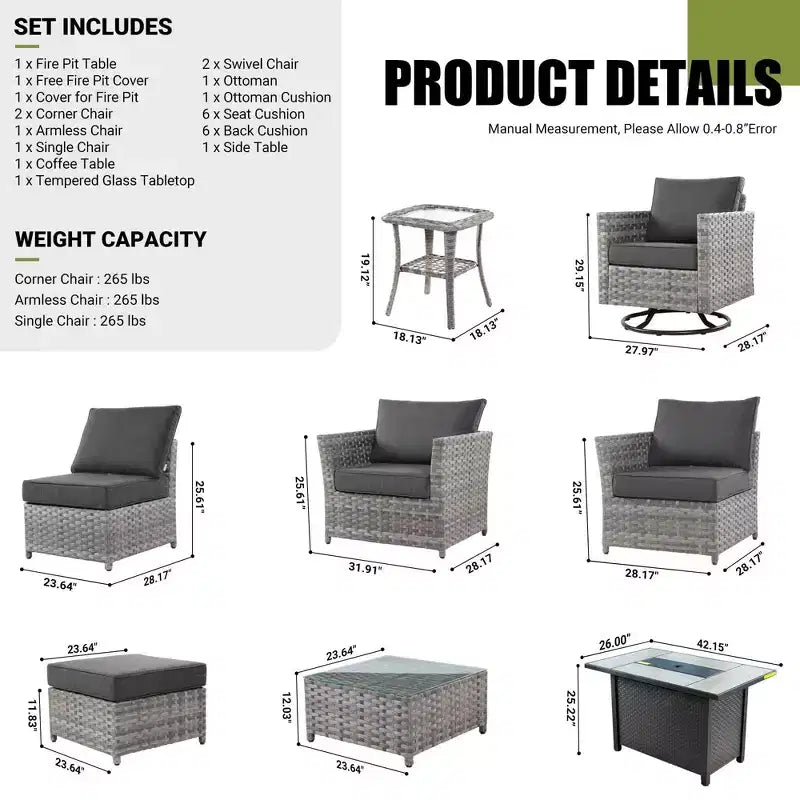 Tenaya 10pc Wicker Outdoor Patio Furniture Set Conversation Sofa with a Metal Fire Pit, Swivel Chairs and Cushions