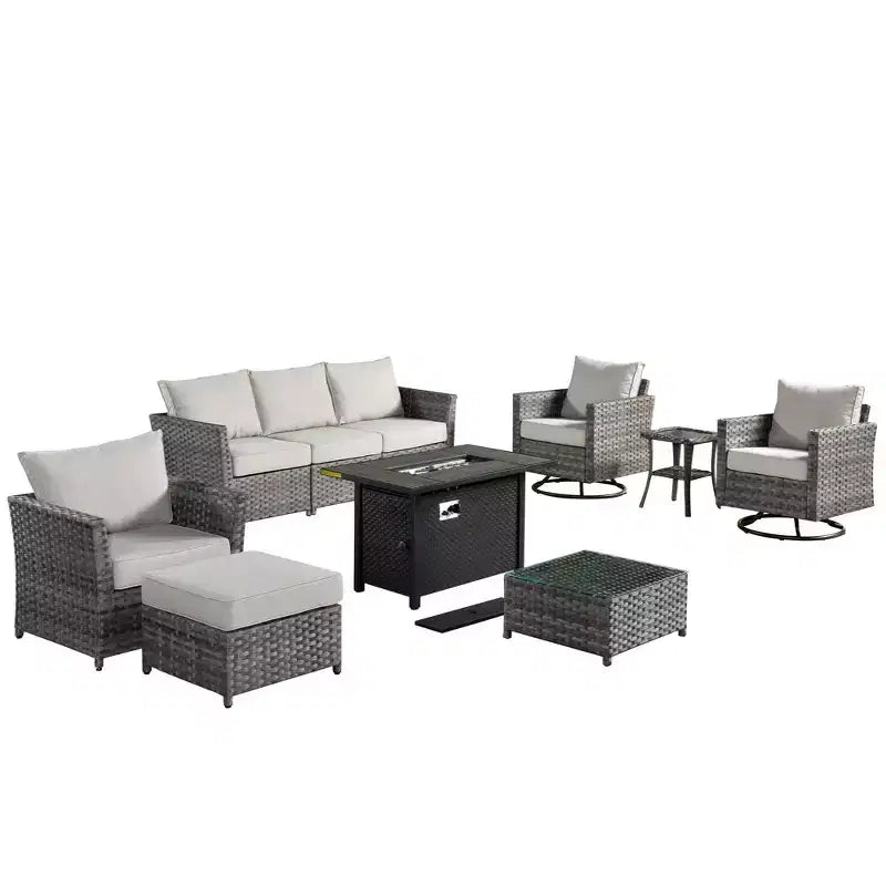 Tenaya 10pc Wicker Outdoor Patio Furniture Set Conversation Sofa with a Metal Fire Pit, Swivel Chairs and Cushions