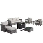 Tenaya 10pc Wicker Outdoor Patio Furniture Set Conversation Sofa with a Metal Fire Pit, Swivel Chairs and Cushions