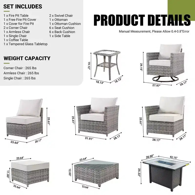 Tenaya 10pc Wicker Outdoor Patio Furniture Set Conversation Sofa with a Metal Fire Pit, Swivel Chairs and Cushions