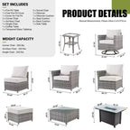 Tenaya 10pc Wicker Outdoor Patio Furniture Set Conversation Sofa with a Metal Fire Pit, Swivel Chairs and Cushions