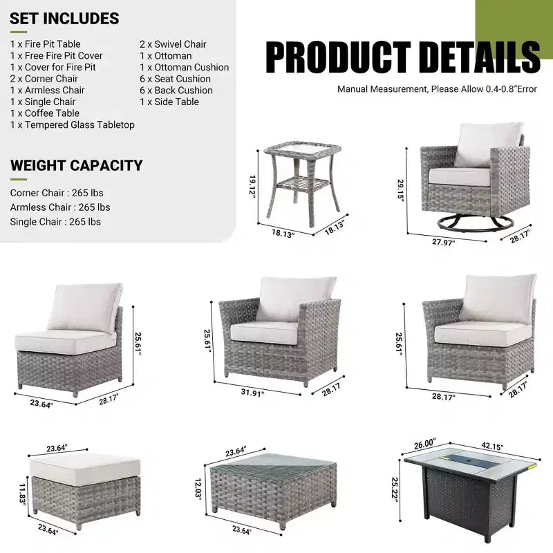 Tenaya 10pc Wicker Outdoor Patio Furniture Set Conversation Sofa with a Metal Fire Pit, Swivel Chairs and Cushions
