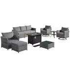 Tenaya 10pc Wicker Outdoor Patio Furniture Set Conversation Sofa with a Metal Fire Pit, Swivel Chairs and Cushions
