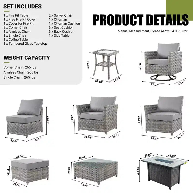 Tenaya 10pc Wicker Outdoor Patio Furniture Set Conversation Sofa with a Metal Fire Pit, Swivel Chairs and Cushions