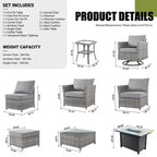 Tenaya 10pc Wicker Outdoor Patio Furniture Set Conversation Sofa with a Metal Fire Pit, Swivel Chairs and Cushions