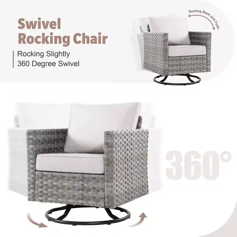 Tenaya 10pc Wicker Outdoor Patio Furniture Set Conversation Sofa with a Metal Fire Pit, Swivel Chairs and Cushions