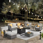 Tenaya 10pc Wicker Outdoor Patio Furniture Set Conversation Sofa with a Metal Fire Pit, Swivel Chairs and Cushions