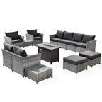 Tenaya 13pc Wicker Outdoor Patio Furniture Set Conversation Sofa with a Metal Fire Pit and Cushions