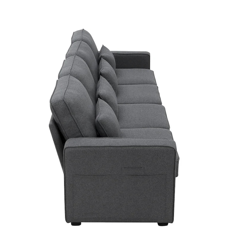 104 4-Seater Modern Linen Fabric Sofa with Armrest Pockets and 4 Pillows