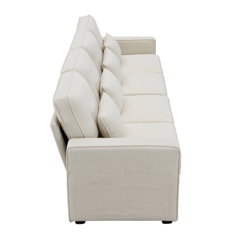 104 4-Seater Modern Linen Fabric Sofa with Armrest Pockets and 4 Pillows