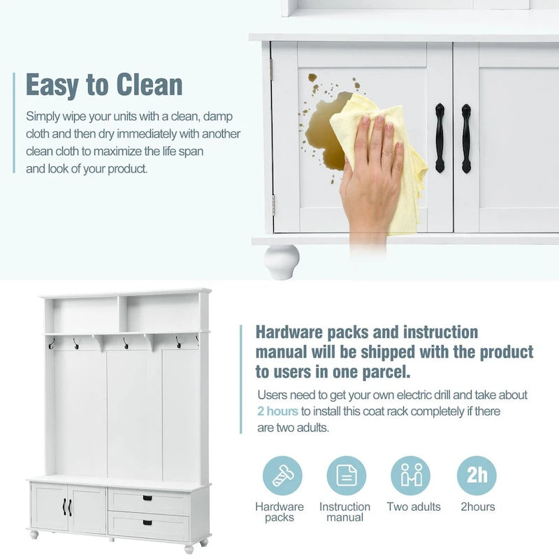 Modern Style Hall Tree with Storage Cabinet and 2 Large Drawers,Widen Mudroom Bench with 5 Coat Hooks