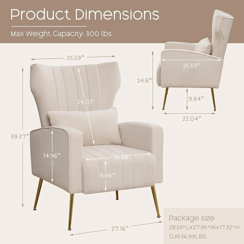 HOMYKA Accent Chair Upholstered Velvet Wingback Armchair with Pillows