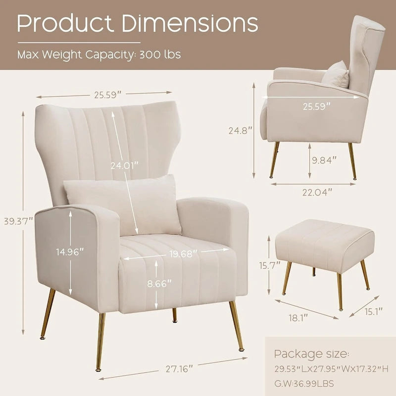 HOMYKA Accent Chair Upholstered Velvet Wingback Armchair with Pillows