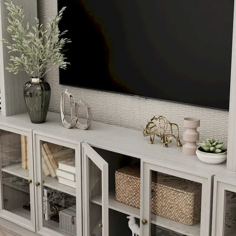 Home Media Center Sleek Design with Ample Shelving and Glass Accents