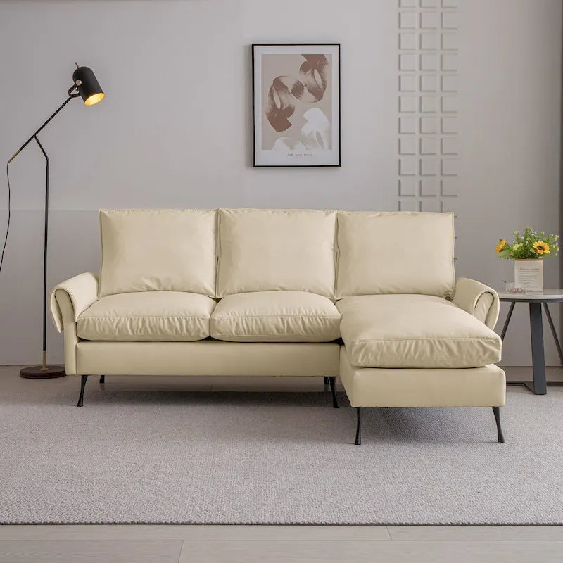 Contemporary Technical Leather L-Shaped Sofa Couch, Reversible Chaise Lounge, Beige