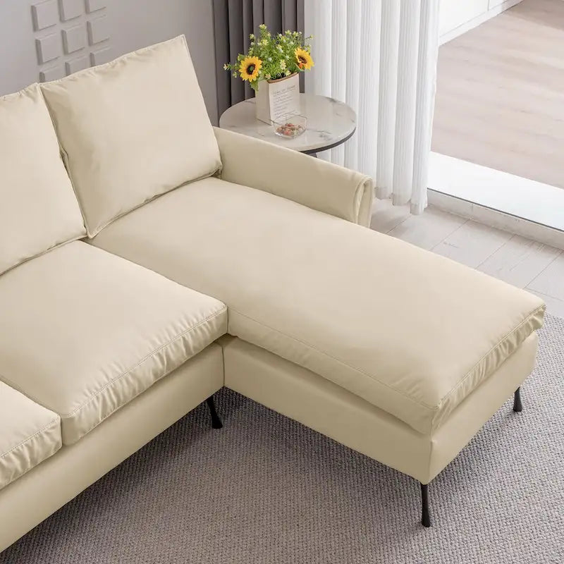 Contemporary Technical Leather L-Shaped Sofa Couch, Reversible Chaise Lounge, Beige