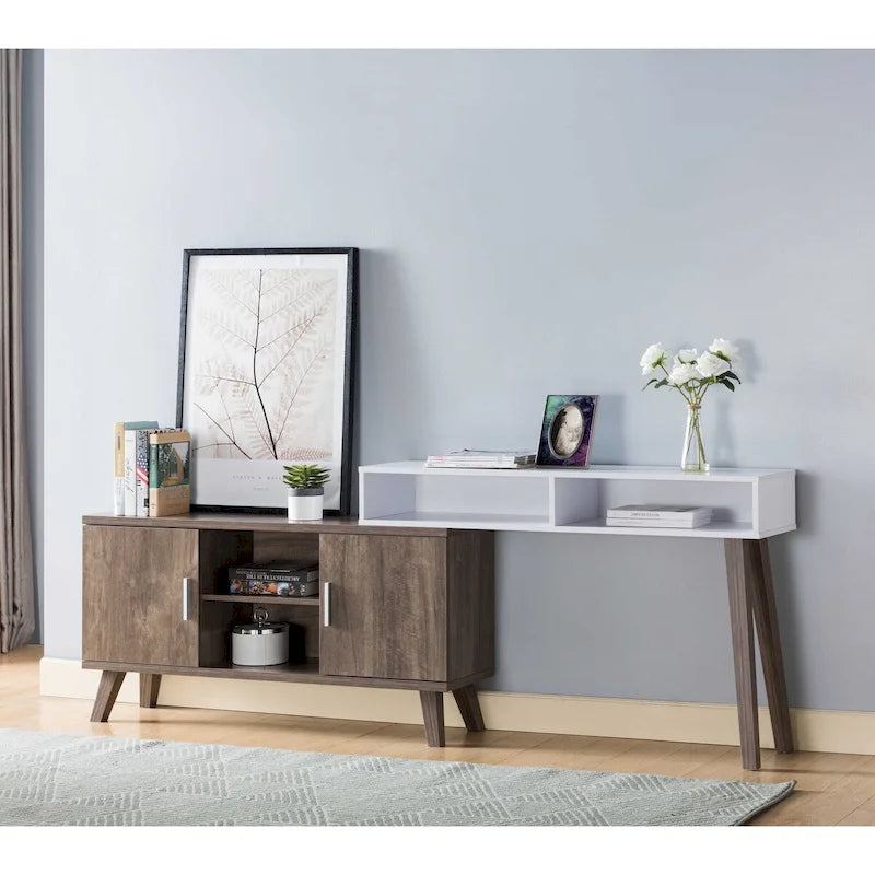 Console d'entrée avec compartiments de rangement multiples, meuble vitrine, noisette et blanc