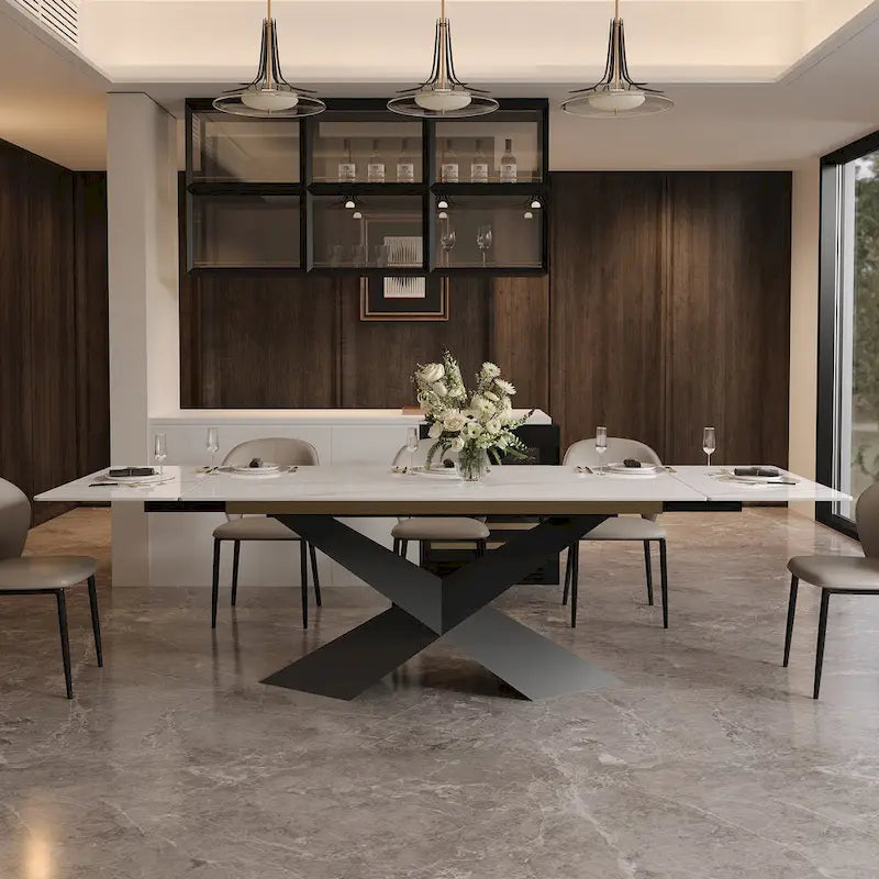63-95Extendable Modern Dining Table for 4-10, White Glossy Sintered Stone Tabletop, black X-Shaped Steel Legs - 94.5