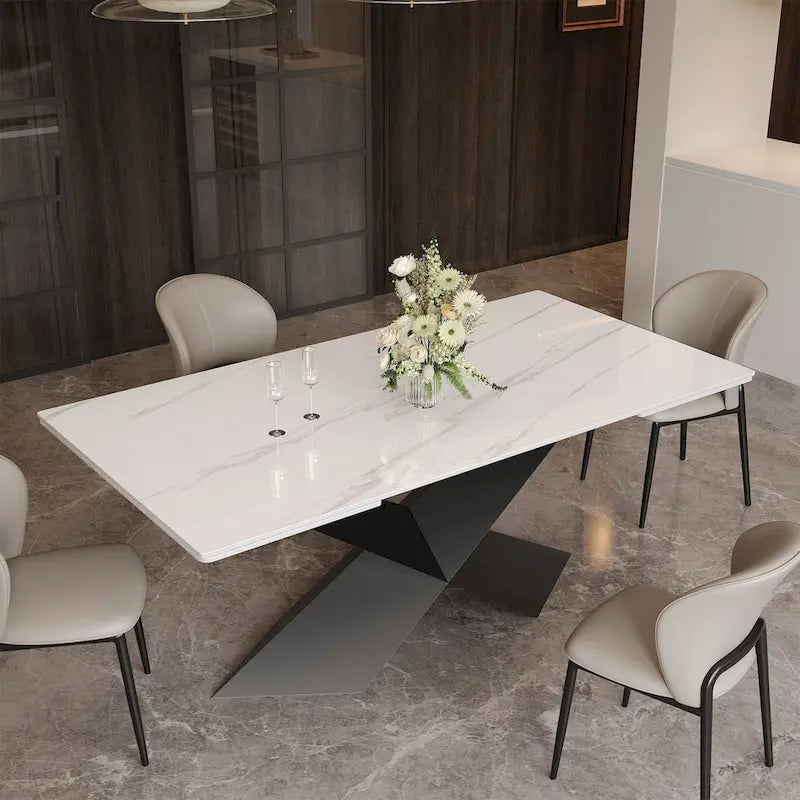 63-95Extendable Modern Dining Table for 4-10, White Glossy Sintered Stone Tabletop, black X-Shaped Steel Legs - 94.5