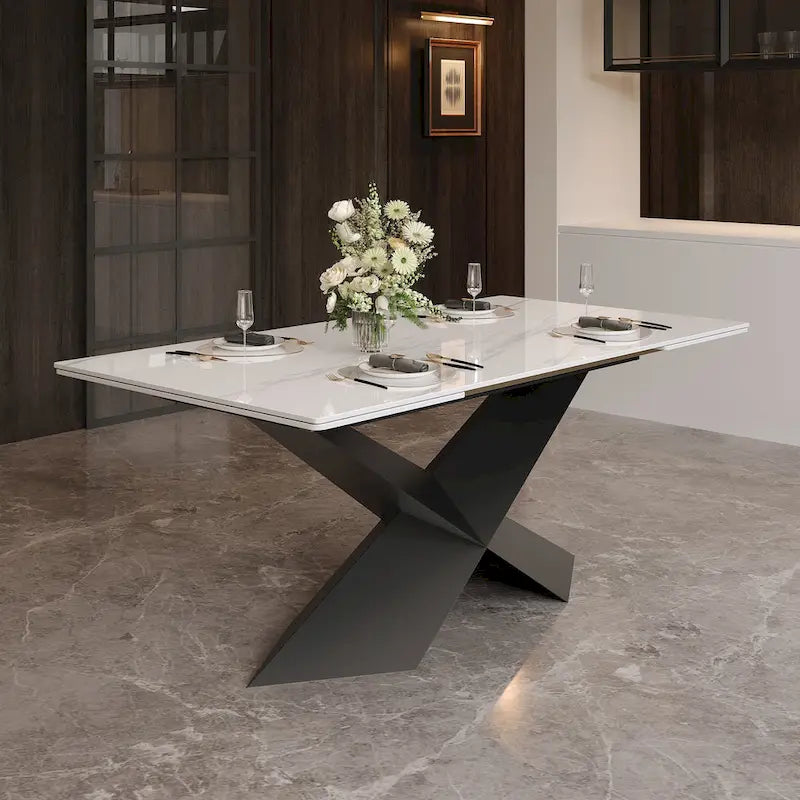 63-95Extendable Modern Dining Table for 4-10, White Glossy Sintered Stone Tabletop, black X-Shaped Steel Legs - 94.5