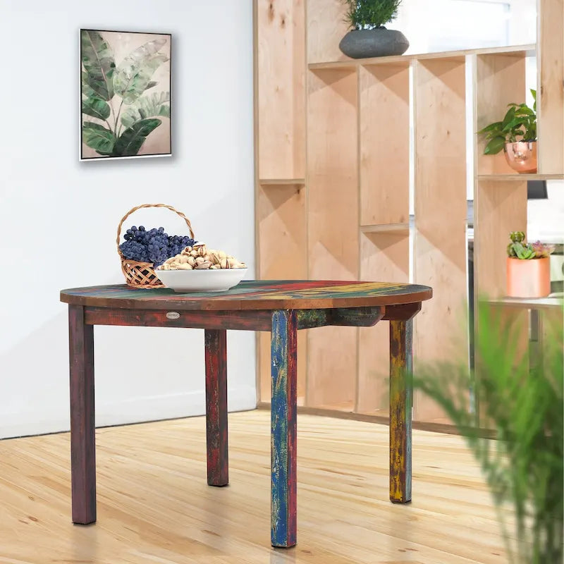 Chic Teak Round Dining Table made from Recycled Teak Wood Boats, 48 inch - Multi